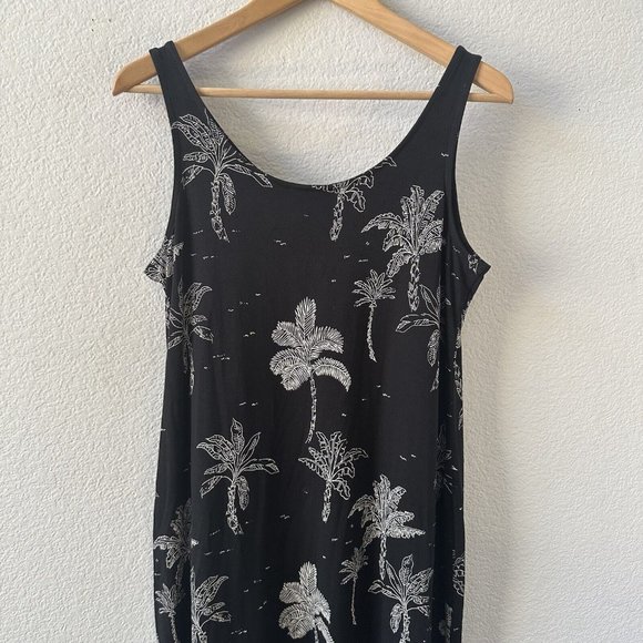 J Jill Black Sleeveless Palm Tree Tropical Jersey Midi Dress Size Small Petite - Picture 4 of 8